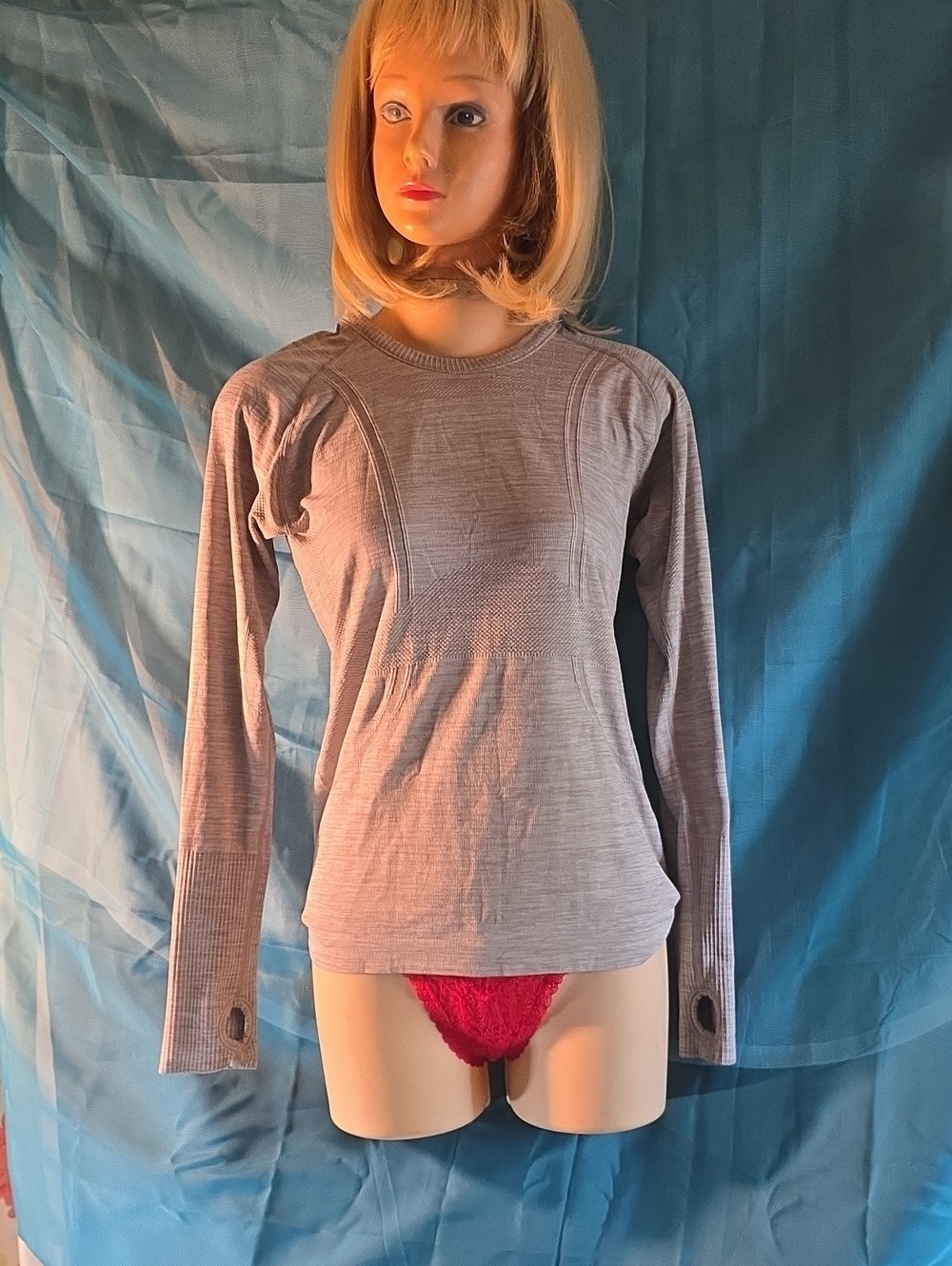 Long-Sleeve Crewneck Seam-Detail Top in Light Gray